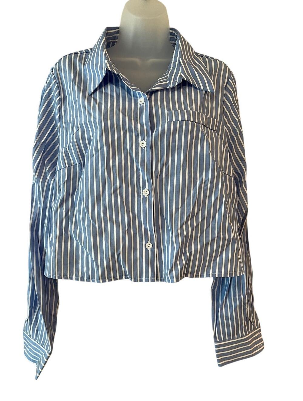 Shein Blue White Striped Cropped Button-Up Collared Women's